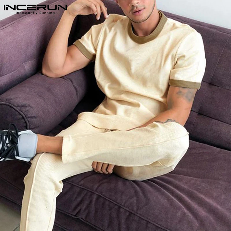 

INCERUN 2021 Men Sets Patchwork Streetwear O Neck Short Sleeve T Shirt Drawstring Pants 2 Pieces Workout Men Casual Suits S-5XL