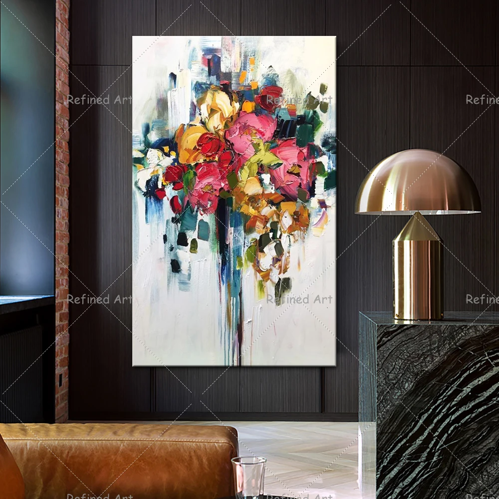 Paleta de pintura al &oacute;leo pintada a mano, Arte abstracto colorido de flor de Rosa, lienzo para decoraci&oacute;n de pared del hogar y sala de estar-3
