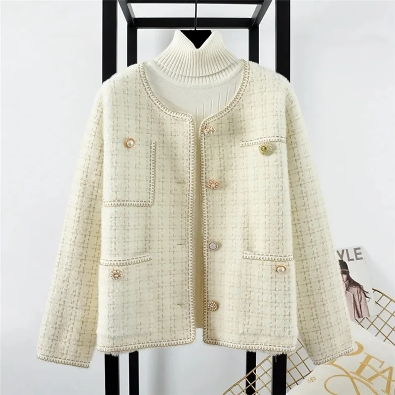 

Autumn Winter Imitation Mink Fleece Jacket Women Korean Fashion Long Sleeve Single Breasted Sweater Cardigan Coat Female