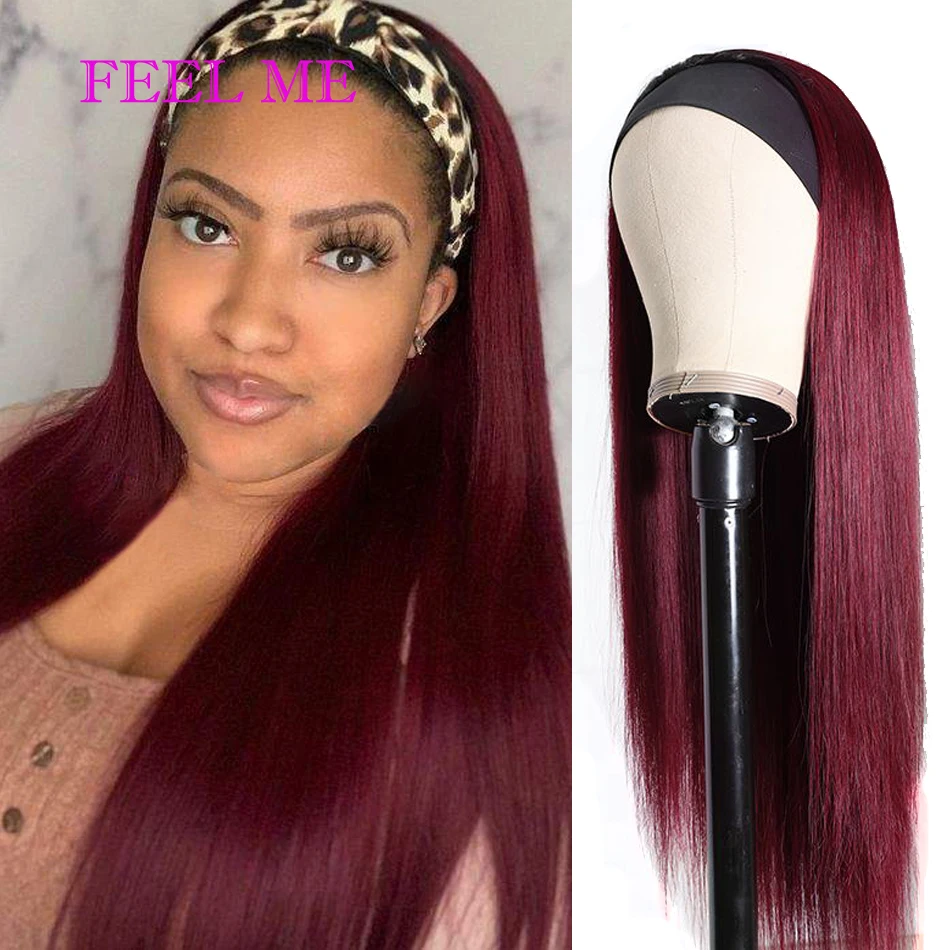 FEELME Peruvian Straight Human Hair Wigs For Black Women Color 99j Headband Wigs Human Hair Extensions 150% Density Remy Hair