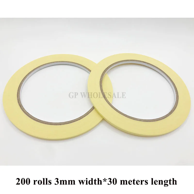 200 Rolls 3mmx30M Single Adhesive Masking Tape, Crepe Paper, Mid-Temperature Resist 120C, Can Writing, Yellow