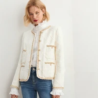 runway women tweed coat 2021 brand designer round neck pockets elegant woolen jacket beige plaid coat outwear high quality