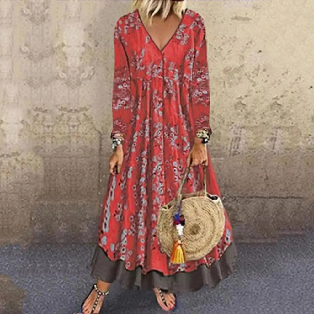 

2021 Women Dress Vintage Pattern Print Autumn Winter Fake Two Piece Ruffles Hem Dress for Vacation V Neck Casual Loose Dresses