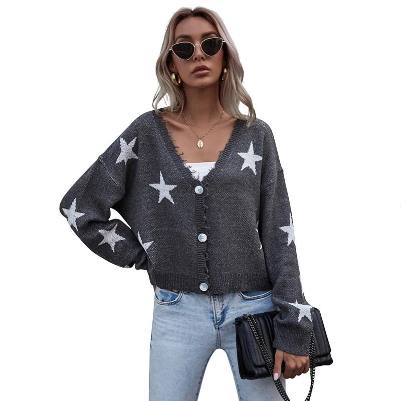 

2021 new European and American jacquard star casual sweater women's new loose and lazy cardigan coat in autumn and winter