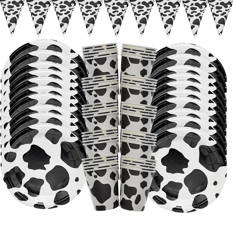 

1set Birthday Disposable Tableware Sets Animals Cow Party Paper Cup Plate zoo Cow Kids Favors Farm Animals Party Supplies