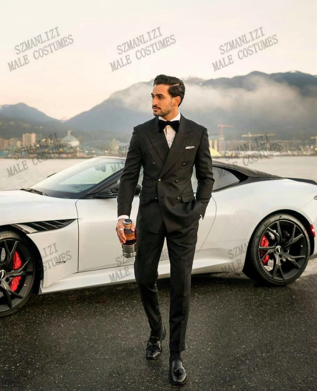 

Мужские деловые костюмы с заостренным воротником, черные двубортные смокинг для жениха с лацканами, мужские свадебные костюмы для выпускно...