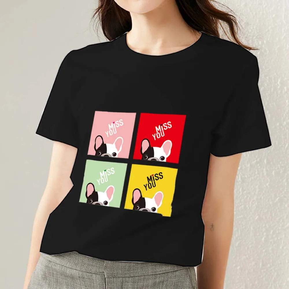 

Women's T-shirt Black Polyester Clothing Casual Basic Cute Puppy Headshot Printed Series Commuter Soft Slim Round Neck Top