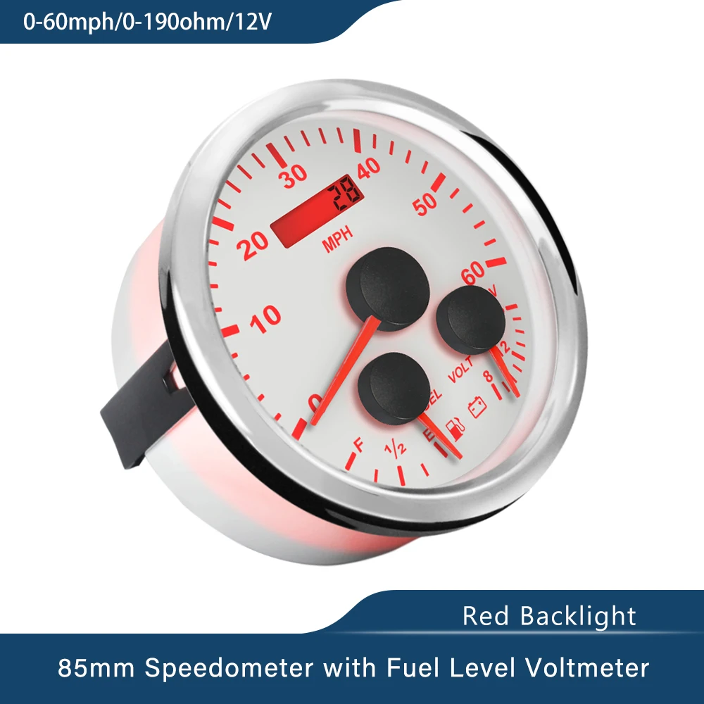 

Universal 85mm GPS Speedometer 0-60MPH Odometer with Fuel Level 8~16V Voltmeter Red Backlight with GPS Antenna for Car Boat