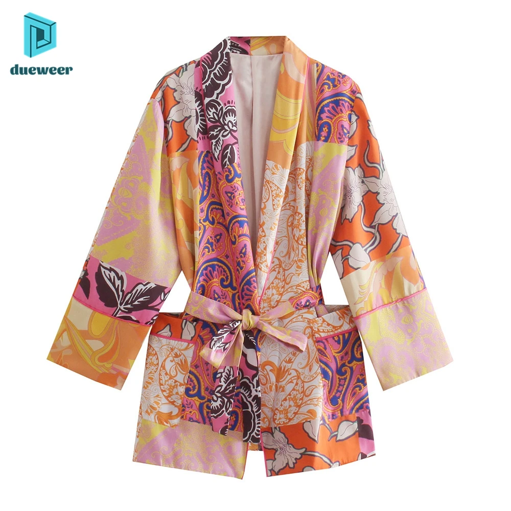 

DUEWEER Flower Print Belt Jacket 2021 Summer Vintage Beach Style Women V-Neck Female Fashion Flocking Casual Streetwear Chic Top