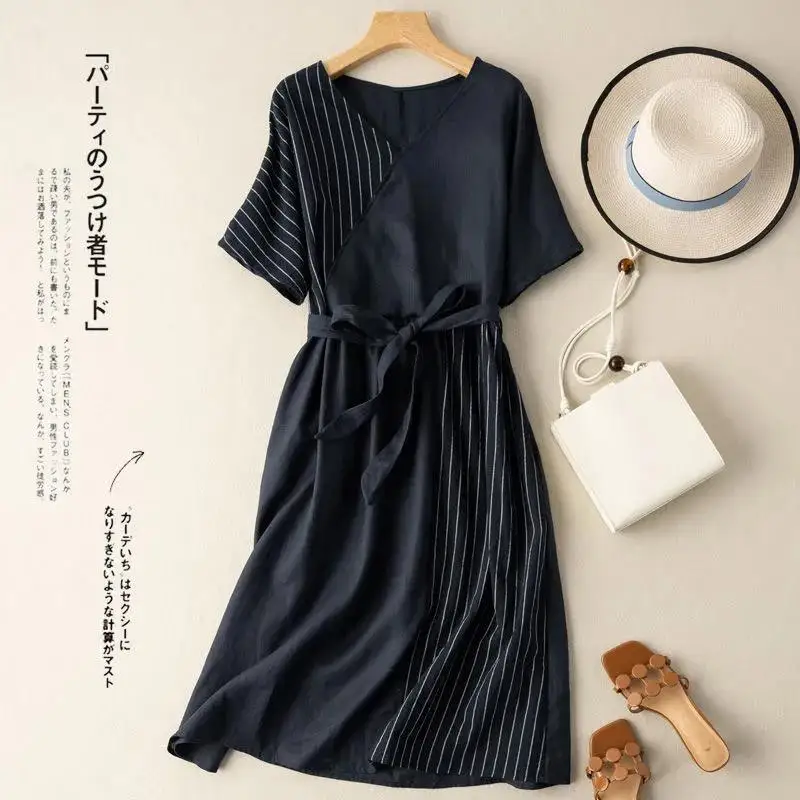 2021 Summer Casual V-neck Dress Bodycon Cotton Mid-length Dress Literature and Art Retro Female Korean Striped Stitching Loose