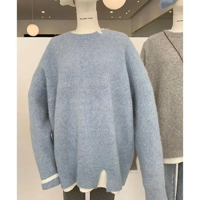 

Pull Femme 2022 Autumn Winter New Korean Women Pullover Knitwear Patchwork Fake Two Pieces Loose Knitted Sweater J40