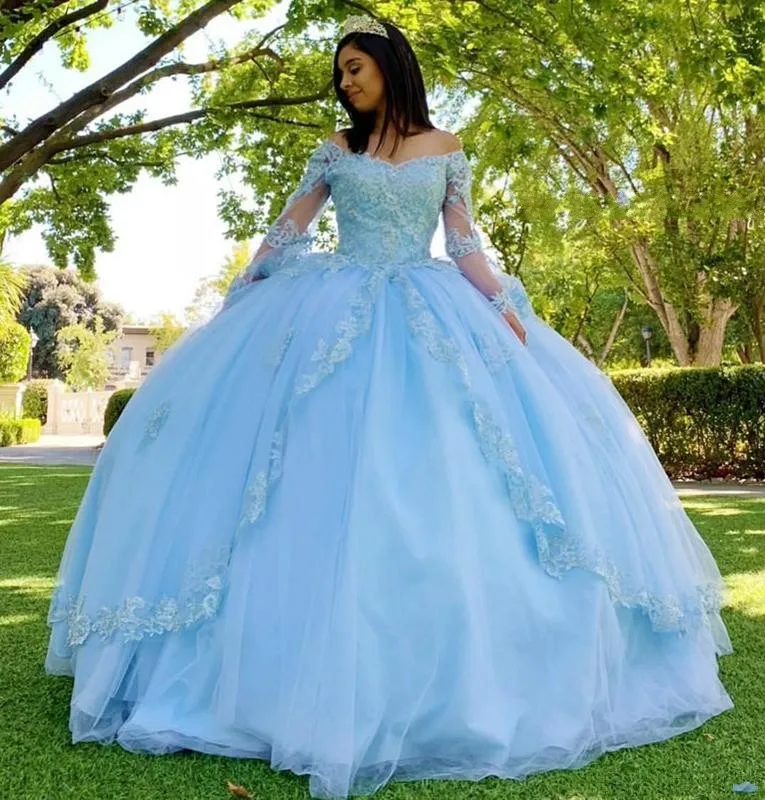 

Светильник-голубое платье с длинным рукавом, кружевное блестящее платье для девушек, бальное платье с аппликацией, милое платье 16 дюймов, пл...