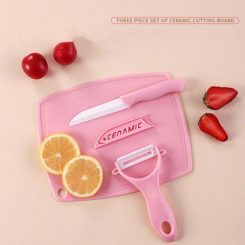 

1 Set Ceramic Knife Set Fruit Peeling Planer Knife Paring Knife Chopping Block Household Pink Green Blue Kitchen Supplies