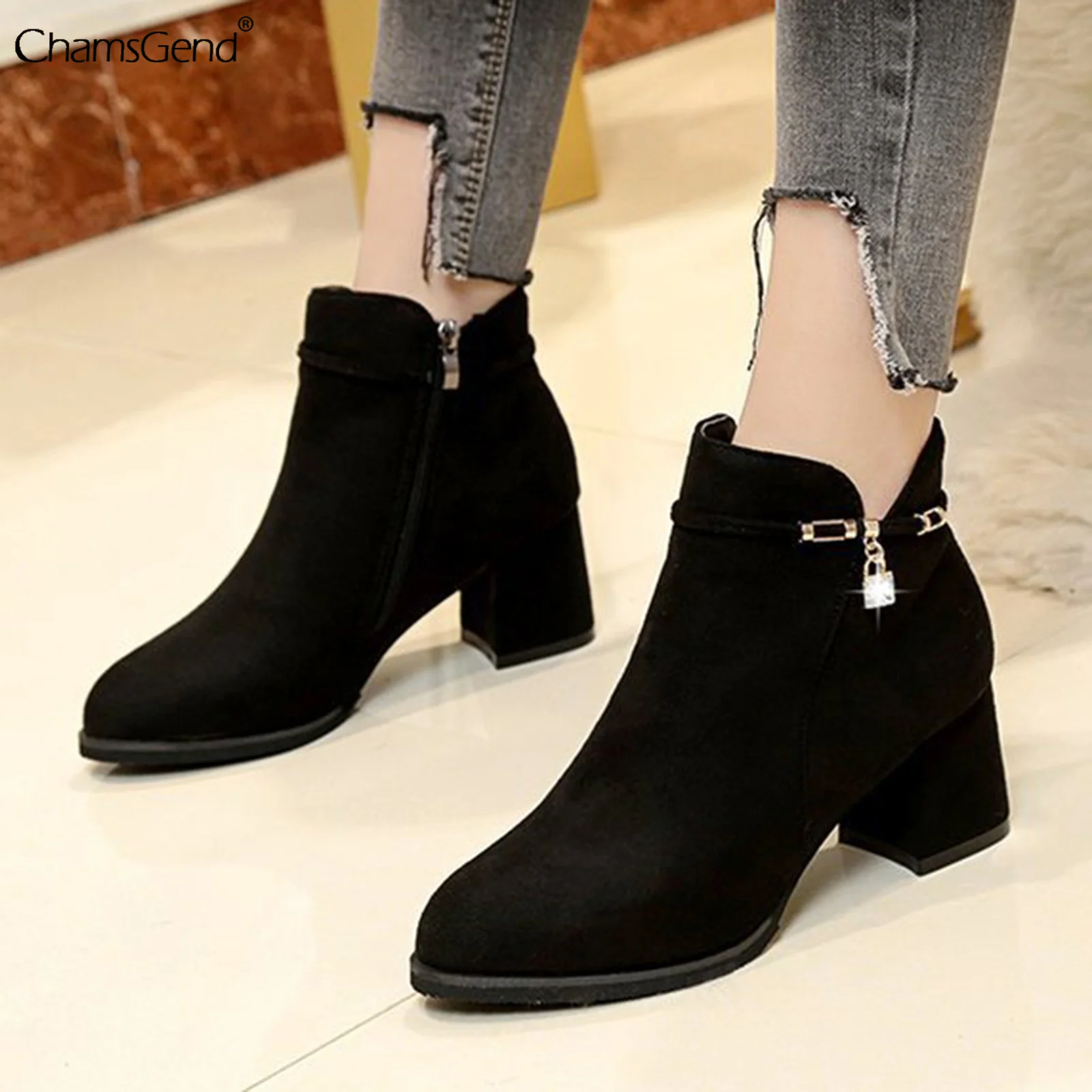 

Short Boots Women 2021 Autumn Cashmere Boots Thick Heel High Heel Women's Boots Fashion Retro Zipper Ankle Boots Botas Mujer