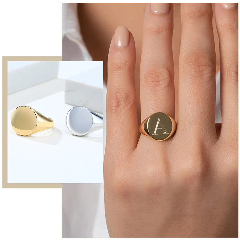 

Minimalist Initial Women Rings Custimized Roud Top Signet Band Glossy Stainless Steel Punk Candid Street Lady Jewelry