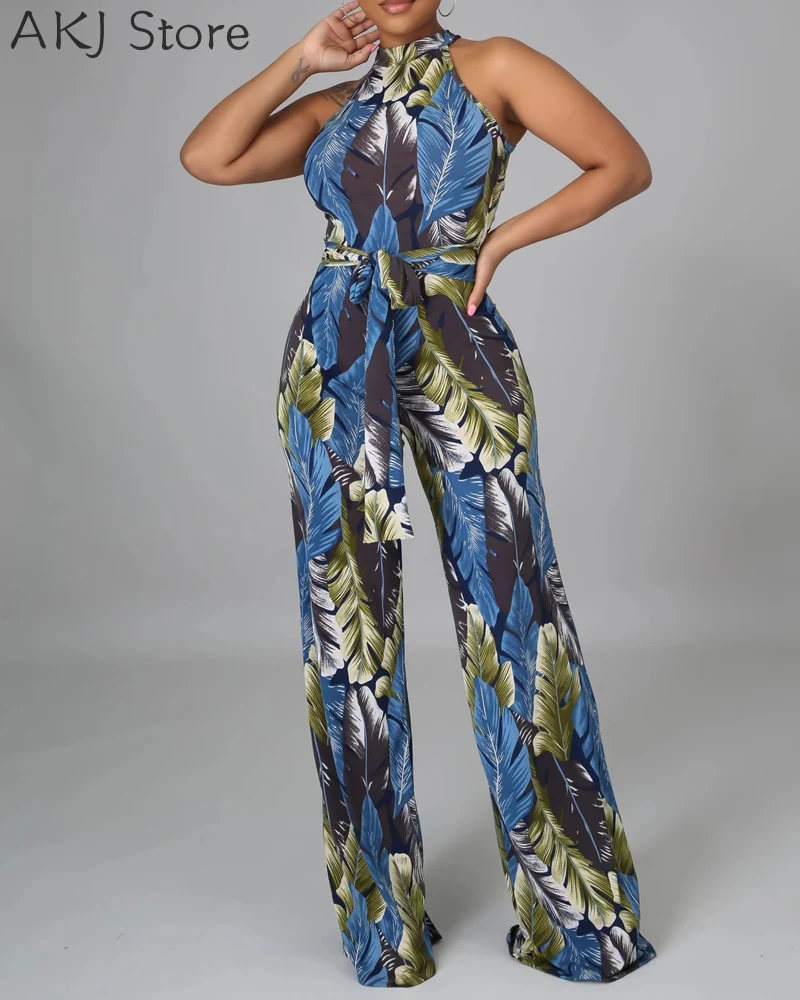 

Women Tropical Print High Waist Sleeveless Straight Jumpsuit
