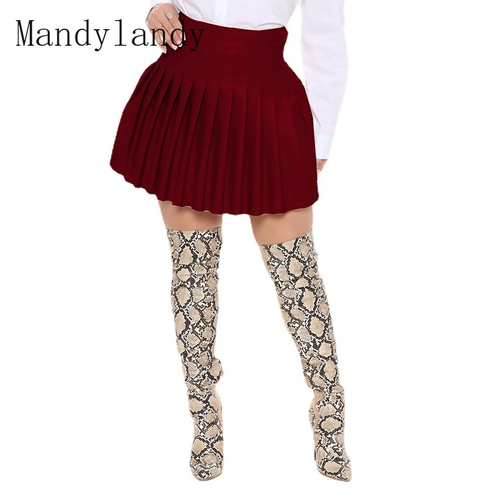 

Mandylandy Pleated Skirt PU Women Club Wear High Waist Leather Skirts A-Line Solid Color Mini Ladies Sexy Leather Skirts