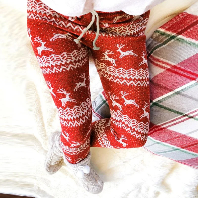 

Winter Fashion Christmas Elk Printed Lace-Up Trousers Pajamas Women Casual Sweatpants Pocket Fleece Lining Thick Pants Homewear