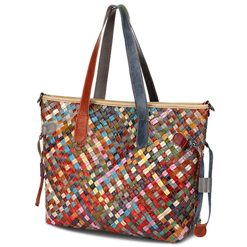 2020 New Leather Women Handbags Large Capacity Shoulder Tote Bag Ethnic Style Contrast Color Stitching Hand-woven Big Bags