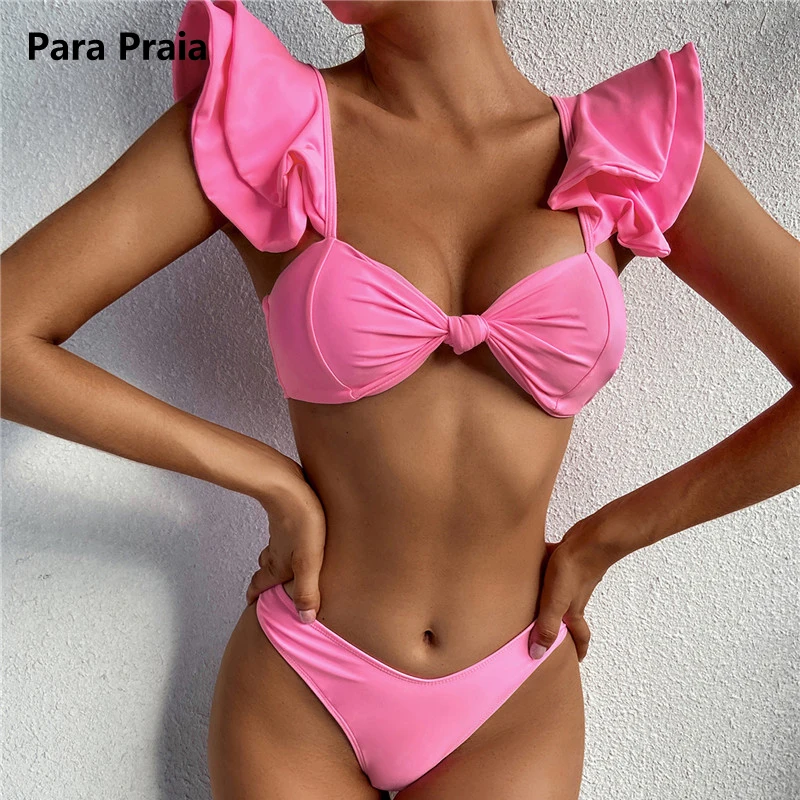 

Para Praia 2023 Sexy Ruffled Knotted Pink Bikini Female Swimsuit Women Swimwear Two-pieces Bikini Set Bow Bather Bathing Suit