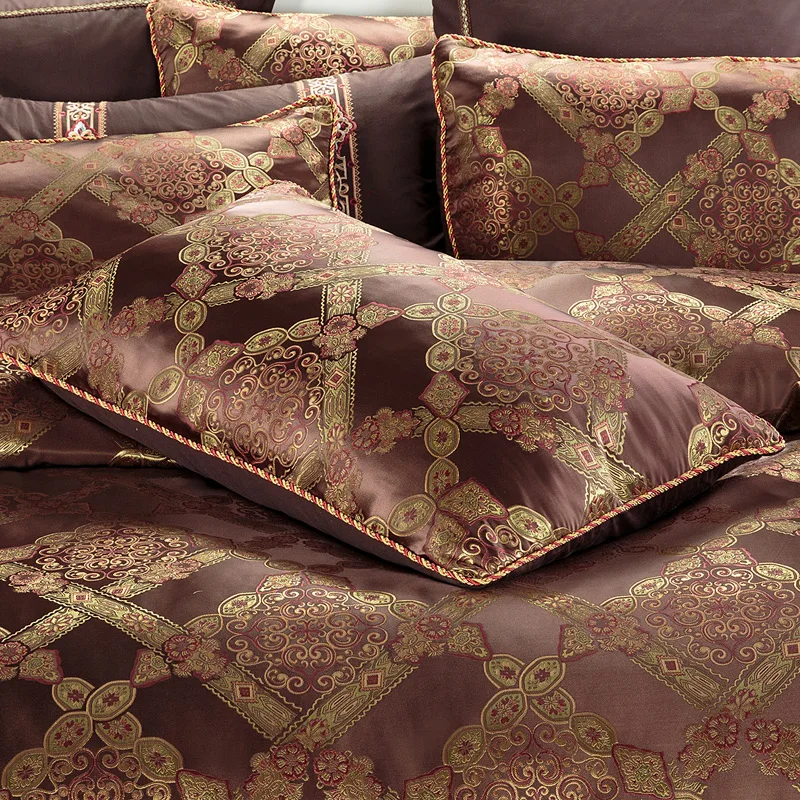 

BROWN COFFEE JACQUARD LUXURY BEDDING SET COTTON STAIN BED DUVET COVER KING QUEEN SIZE BED SHEET SET JUEGO DE CAMA LINGE DE LIT