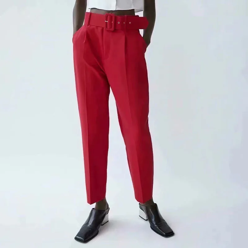 

Women Summer Casual Pants Suit 2021 ZA Solid High waist Belt Straight Ankle-Length Pants Female Office Lady Trousers Clothing
