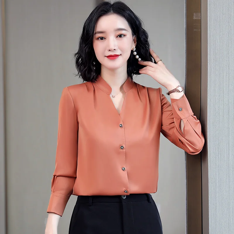 

Korean Fashion Silk Women Blouses Long Sleeve Office Lady Shirt and Blouse Plus Size XXXL Turn-down Collar Satin Womens Tops