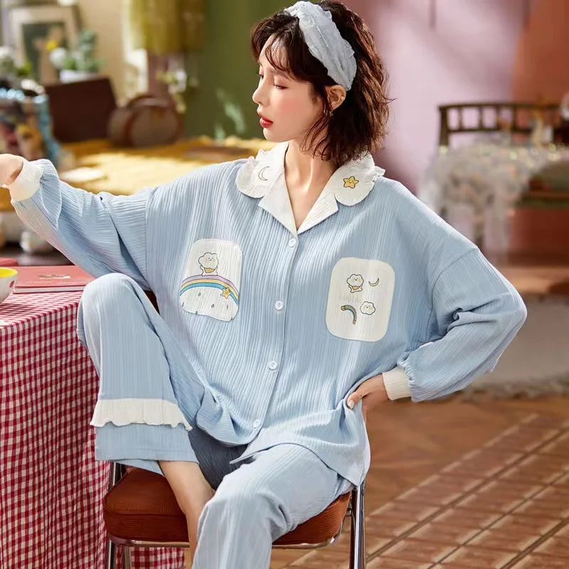 Spring Autumn Women's Pajamas Set 100% Cotton Sleepwear Long Sleeve Trousers Pyjamas Suits Female Sleep Lounge Pajama