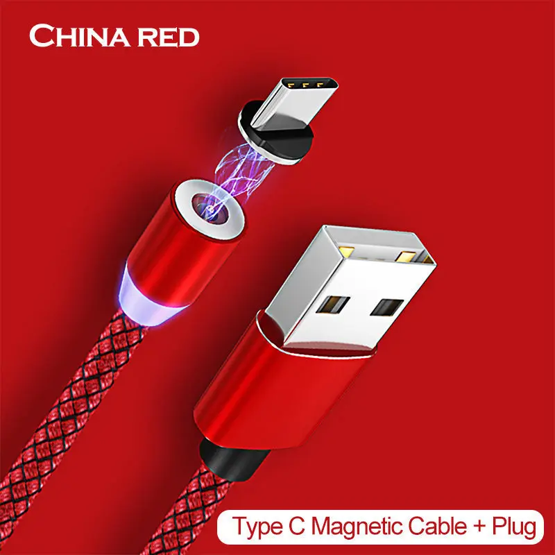 Red For Type C Магнитный usb-кабель для быстрой зарядки USB type C, магнитный светодиодный кабель для зарядки 1 м 2 м, кабель Micro usb для мобильного телефона, usb-кабель - Цвет: Red For Type C