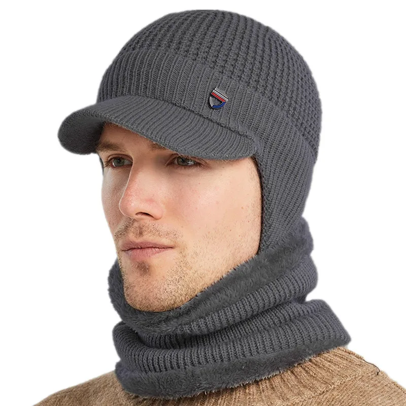 

2021 Man Winter Hat Set with Neck Warmer Scarf Male Fur Lining Knitted Hat Earflap Cap Outdoor Balaclava Beanies Hat for Men