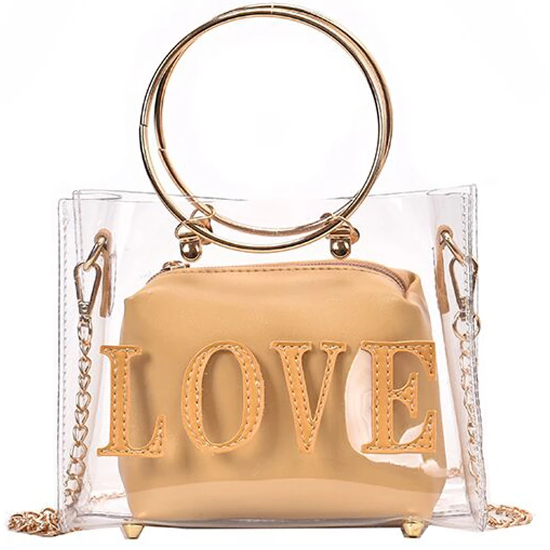 

Женская прозрачная сумка-желе с металлическим кольцом, Высококачественная дизайнерская сумка-тоут из ПВХ, сумка-мессенджер на плечо с цепо...