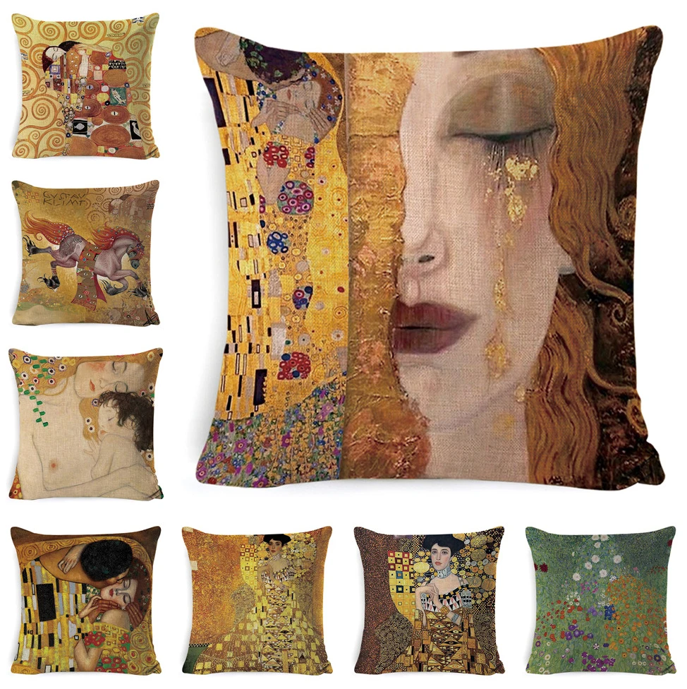 Декоративная подушка Gustav Klimt с масляным рисунком наволочка золотым принтом