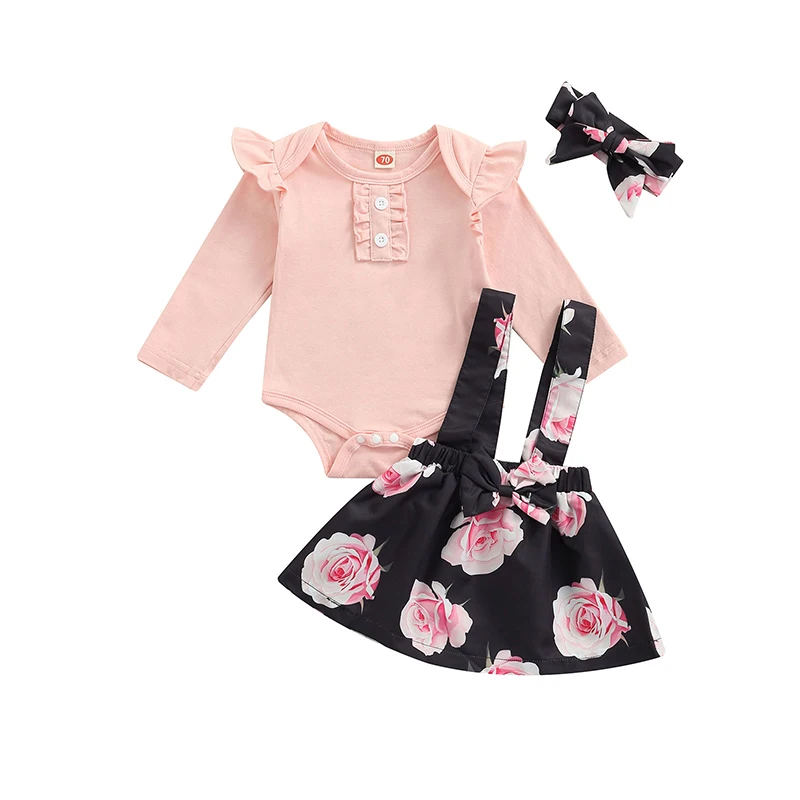 

3Pcs Baby Girls Outfit, Solid Color Lace Splicing Long Sleeve Round Collar Romper + Floral Printing Suspender Skirt + Headwear