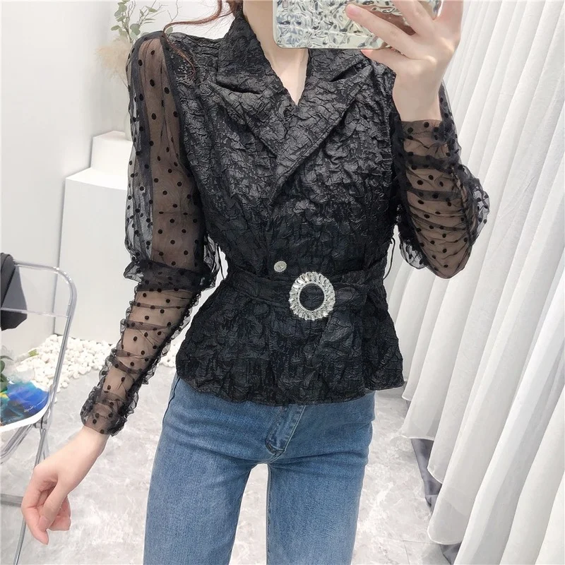 

Korejepo Women Shirt 2021 Summer New Korean Chic Sexy Retro See-through Mesh Polka-dot Long-sleeved Thin Waist Slim-fitting Tops
