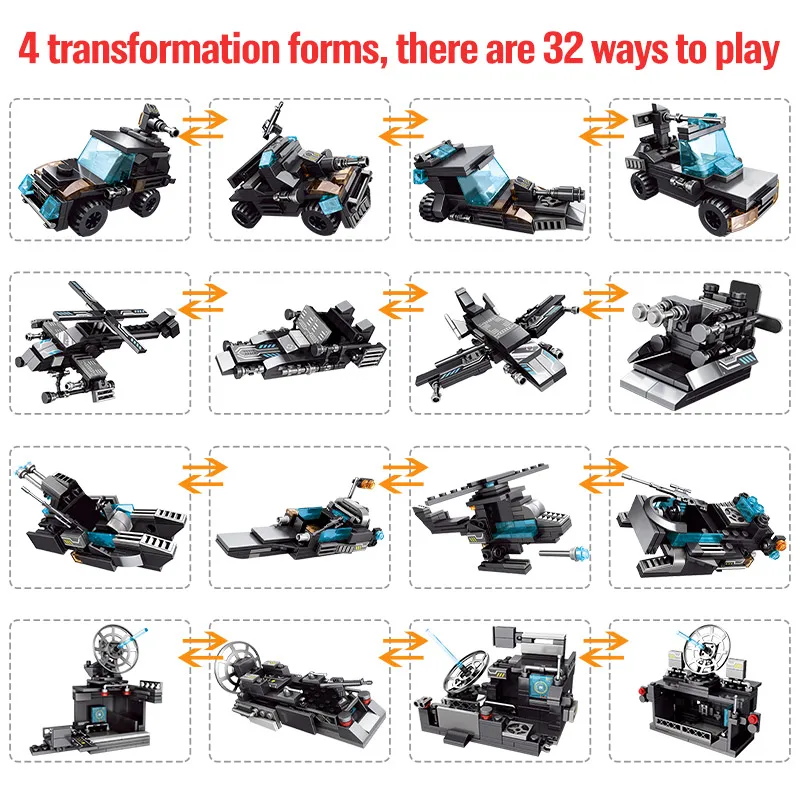 

820PCS City Police Station Truck Deformation Robot SWAT Helicopter WW2 Car Building Blocks Weapons Bricks Toys