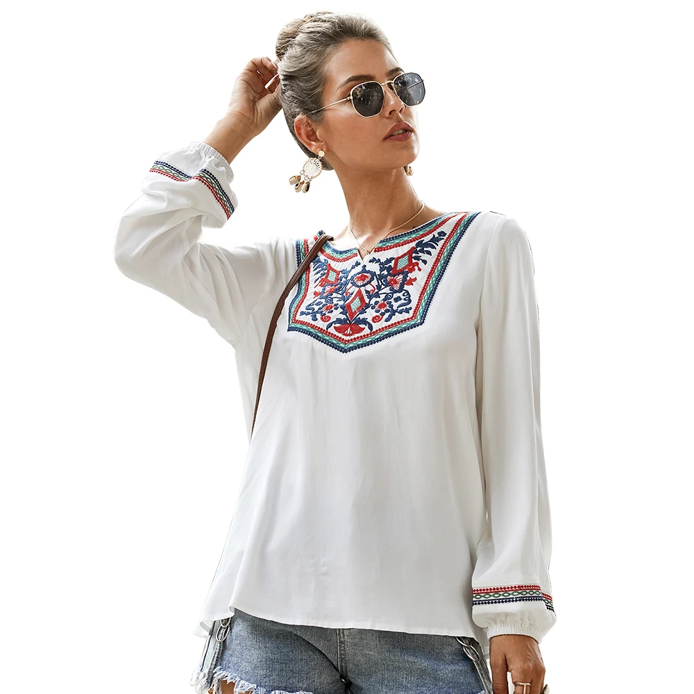 Этнические Винтажные белые блузки с цветочной вышивкой для женщин свободная