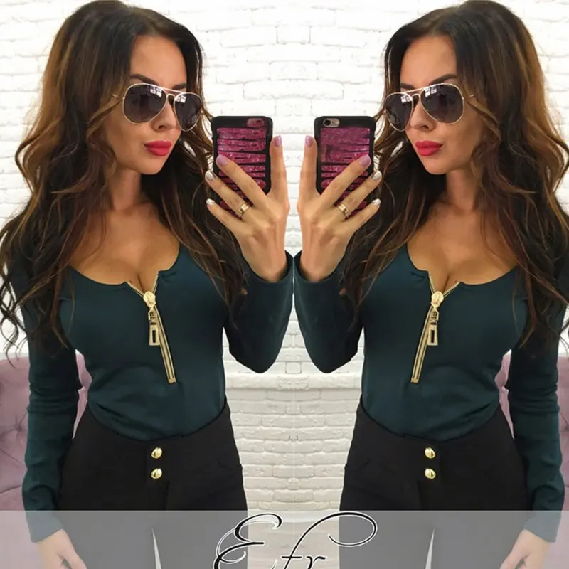 Осенняя модная женская футболка на молнии удобные топы с длинными рукавами и