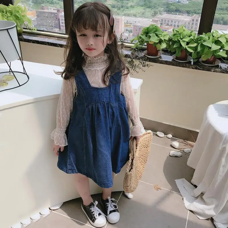 

2021 Fall autumn Baby Girls Sweet Lace Ruffled Long-sleeved Shirt Tops + Cowboy Suspender Dress 2pcs Set Denim Princess Dress