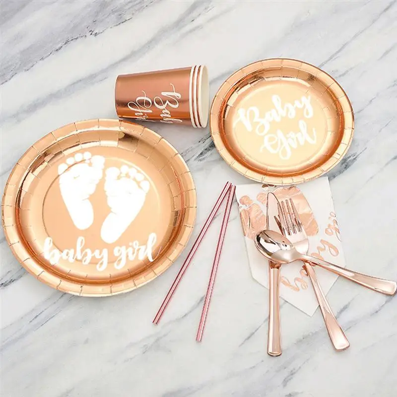 

1 Set/64pcs Rose Gold Birthday Party Tableware Set Party Disposable Paper Plate Paper Cup Party Dinnerware Party Supplies