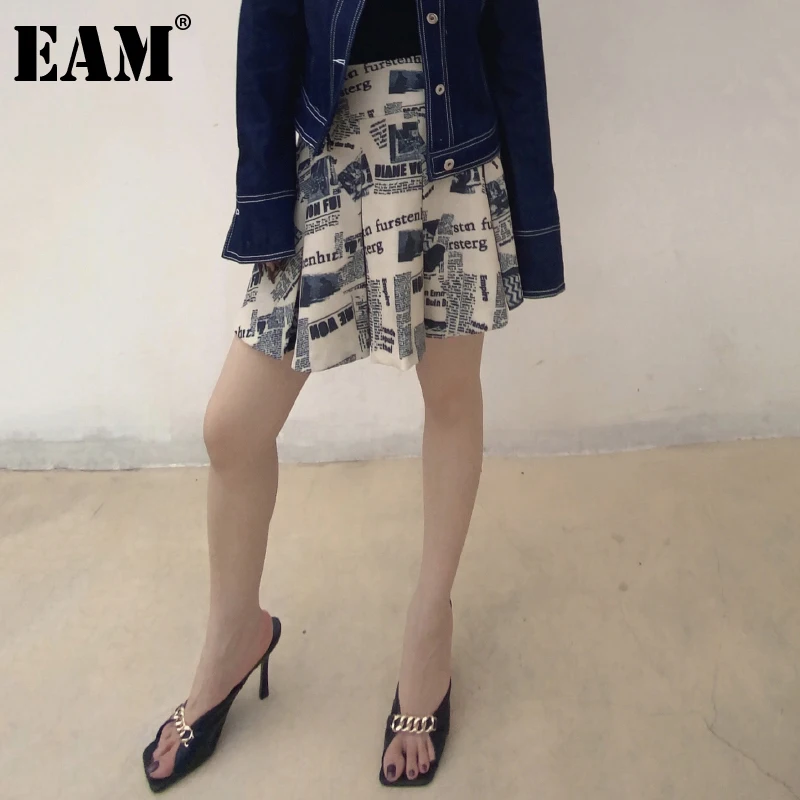 

[EAM] белая плиссированная мини-юбка с высокой талией и принтом, модная женская юбка, новинка, весна-лето 2022, 1DE1349