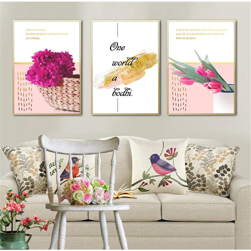 Скандинавском стиле Розовый тюльпан Картина на холсте печать плакат