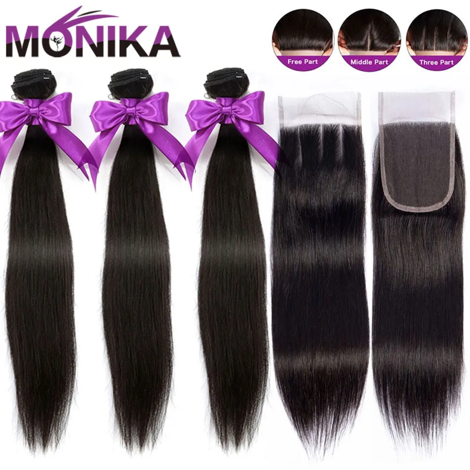 Monika Hair Brazilian Straight Hair Bundles With Closure 30 inch Human Hair 3 Bundles With Closure Non-Remy Closure with Bundles