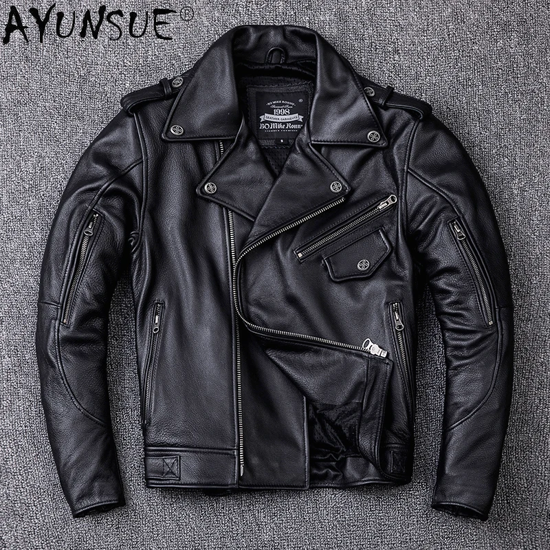 

Мужская кожаная куртка на молнии, коричневая мотоциклетная куртка из воловьей кожи, модель WPY3738 в Корейском стиле, 2021