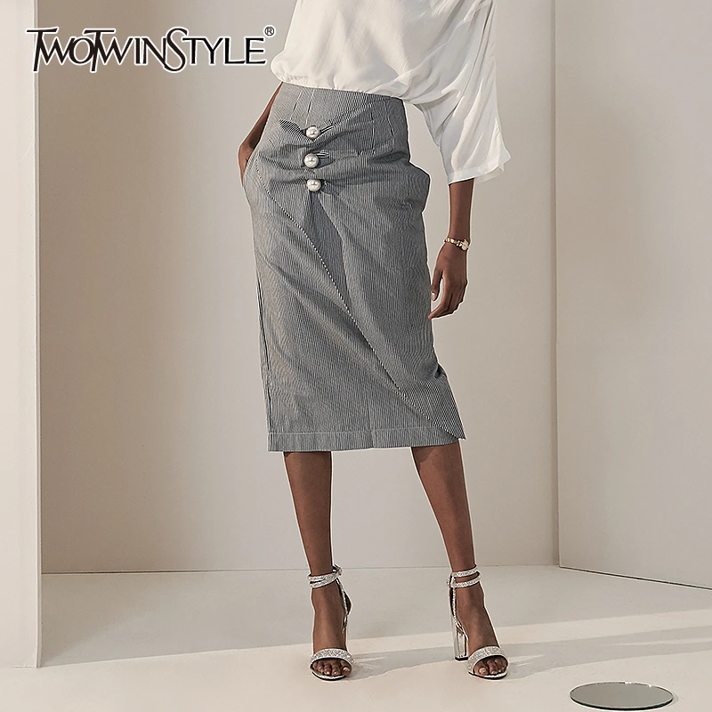 TWOTWINSTYLE/элегантные юбки в полоску с жемчугом и рюшами Юбки средней длины высокой