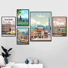 Постер для путешествий известный город Ретро Мультфильм Лондон Нью-Йорк Бали Токийский пейзаж живопись на холсте настенные картины декор гостиной