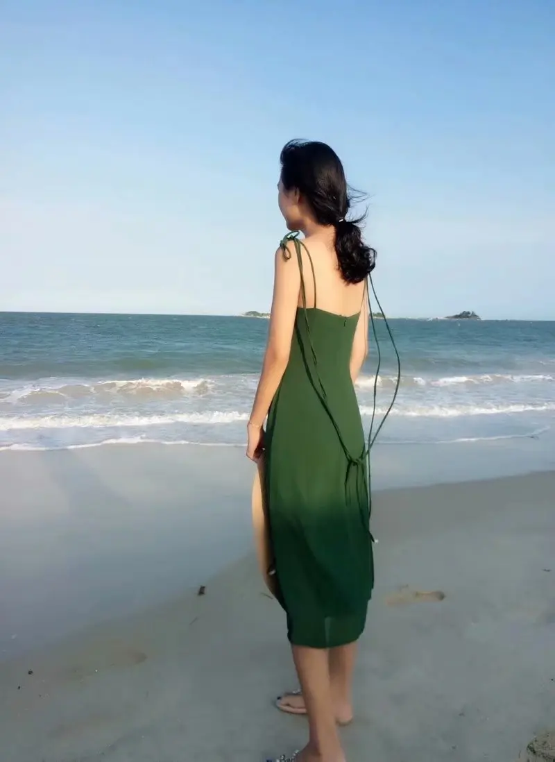 Женское свободное платье без рукавов Za зеленое однотонное Хлопковое комбинация