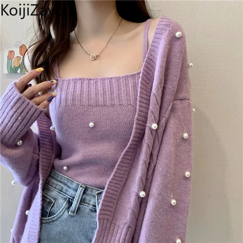 Koijizayoi Women Two Pieces Set Knitted Beading Chic Loose Lady Sweet Suit Solid Cardigan Cropped Camis Autumn Winter Outfits