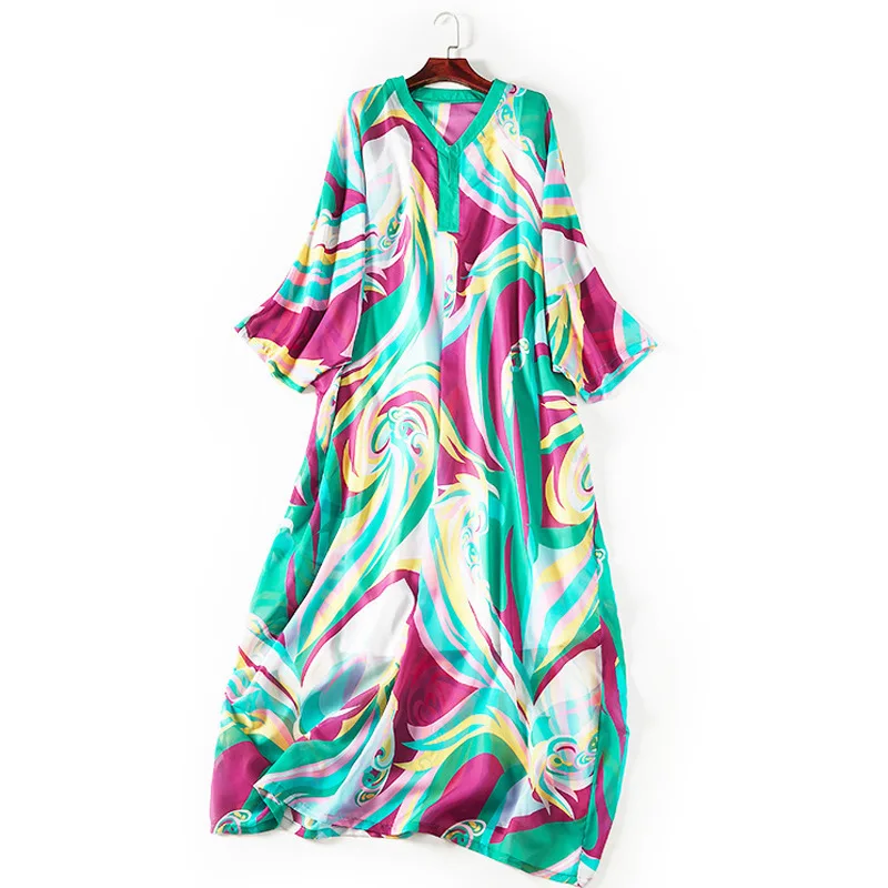 

SONDR Robe Femme Print Over Sized Floor Length Dress Woman V Collar Batwing Sleeve Dresses Bohemian Style 2021 New Summer