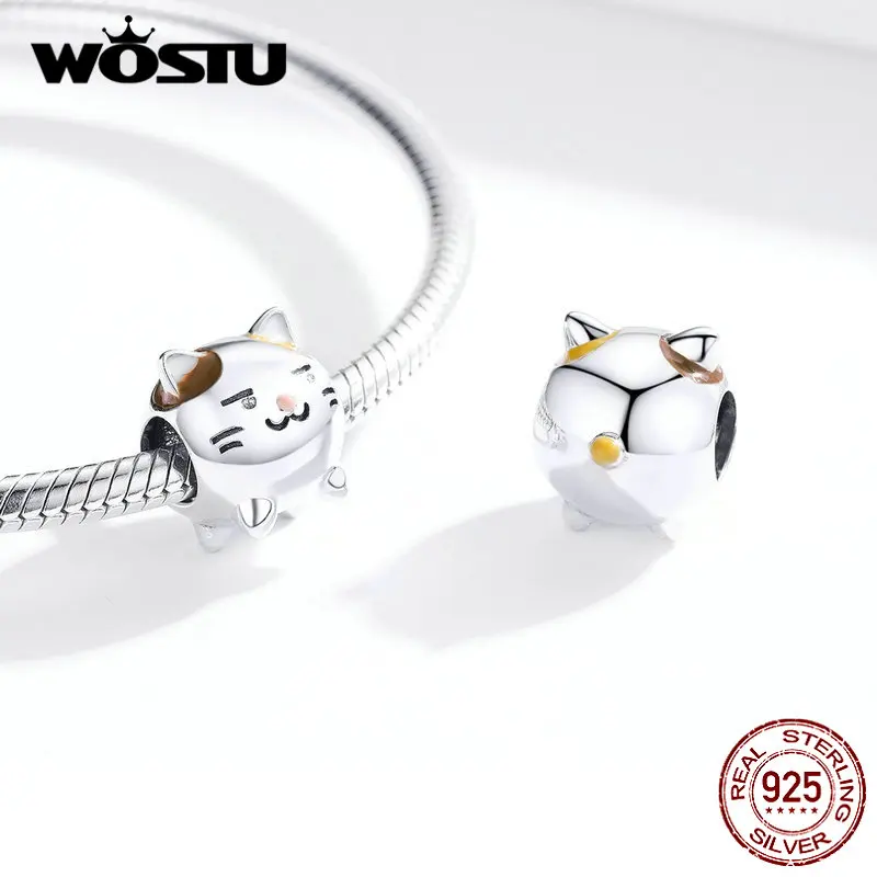 WOSTU, настоящая 925 пробы, серебряная Симпатичная кошка, бисер, подходит для оригинального браслета, Подвеска для женщин, Подвески для изготовления ювелирных изделий CQC1348
