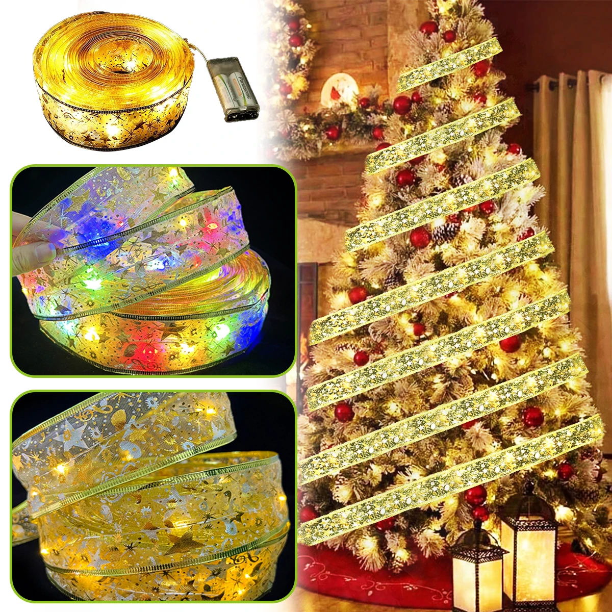 

Christmas Ribbon Lights Waterproof LED Fairy Shining String DIY Xmas Tree Glow Ornaments for Home New Year Party Decor Crafts